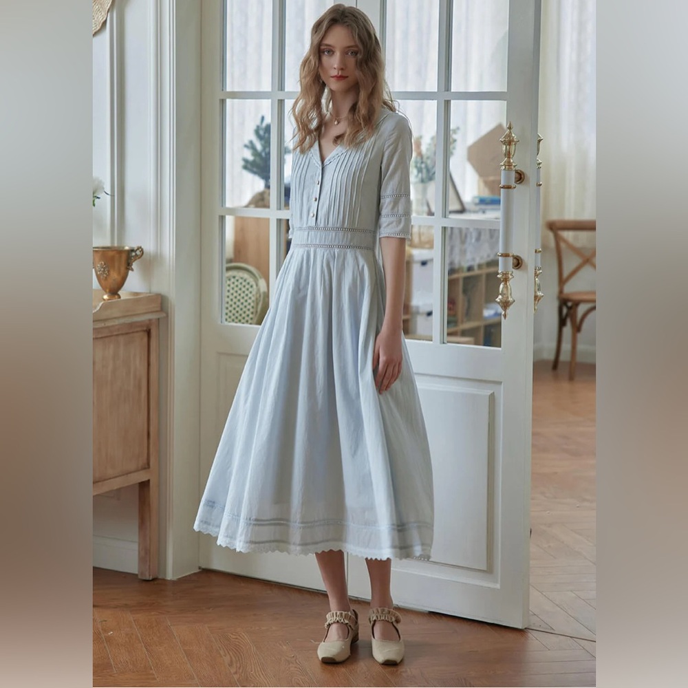 Simple Retro Fiona 100% Cotton Midi Dress Gray Blue Size Small Women’s